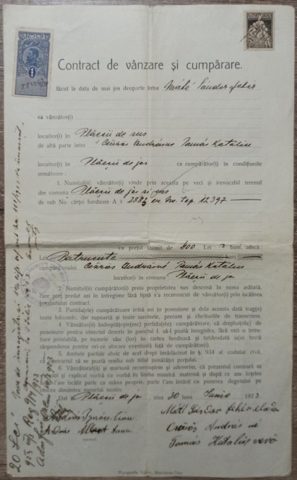 Contract vanzare-cumparare bilingv, Plaesii de Jos si Sus// 1923