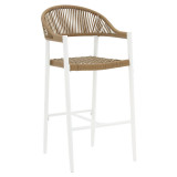 Scaun de bar Kerr plastic - rattan culoare lemn natural - picior aluminiu alb