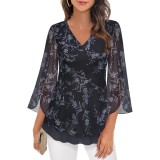 Bluză pentru femei Datuhao, elegantă, cu m&acirc;neci de 3/4, tunica, flori loose, bluze, decolteu &icirc;n V, mesh, cu două straturi