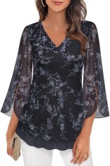 Bluză pentru femei Datuhao, elegantă, cu m&acirc;neci de 3/4, tunica, flori loose, bluze, decolteu &icirc;n V, mesh, cu două straturi