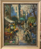 Tablou Peisaj după Ploaie in Piata de Flori pictura ulei pe p&acirc;nză inramat 46x56, Scene gen, Altul