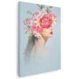 Tablou portret femeie flori pe cap bujori si crini, roz 1352 Tablou canvas pe panza CU RAMA 60x90 cm