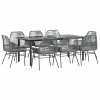 Set Masa Gradina 9 Piese Poliratan Gri + Scaune &amp; Perne Gri Inchis, Blat Sticla 200x100 cm