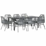 Set Masa Gradina 9 Piese Poliratan Gri + Scaune &amp; Perne Gri Inchis, Blat Sticla 200x100 cm