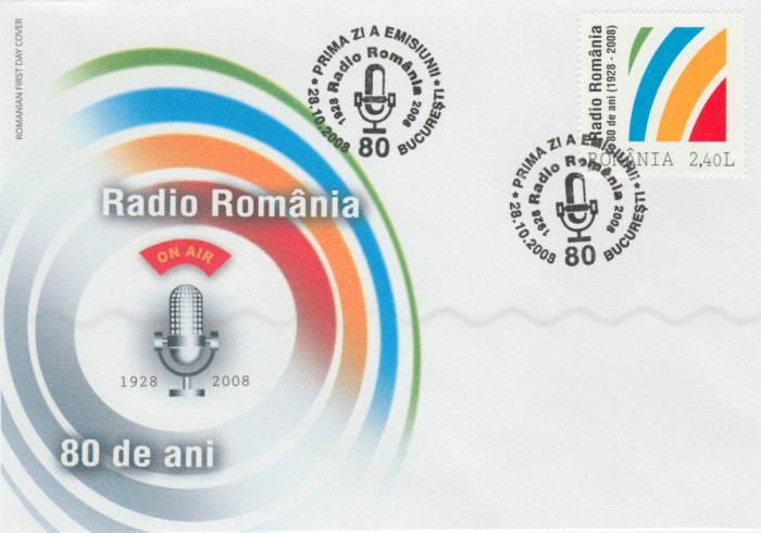 2008 Romania, FDC Societatea de Radiodifuziune 80 ani LP 1820, plic prima zi