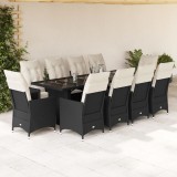 Set bistro de grădină, 11 piese, cu perne, negru, poliratan