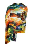 Esarfa tip sal doua fete pictata FP, Dacali, matase, albastru/portocaliu, 180x70cm, Multicolor, Marime universala