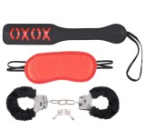 Set BDSM Sex&amp;Mischief, accesorii cu catuse cu blanita, masca satinata rosie, imprimeu XOXO - Sweet Punishment Kit