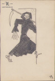 HST 152S Caricatura Moartea cu coasa anii 1930 Geo Dumitrescu semnata