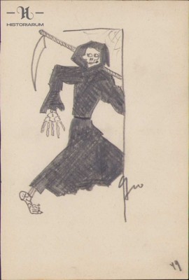 HST 152S Caricatura Moartea cu coasa anii 1930 Geo Dumitrescu semnata foto