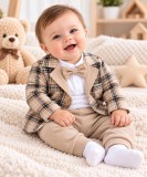 Cumpara ieftin Costum bebeluși băieți 3 piese crem cu sacou &icirc;n carouri, pantaloni și papion
