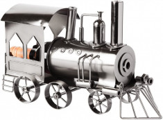 Suport din Metal lucios pentru Sticla de Vin, model Locomotiva cu Aburi, Capacitate 1 Sticla, Argintiu Negru, H 23 cm L 37.5cm foto