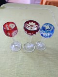 3 pahare vintage din cristal colorat stil Boemia