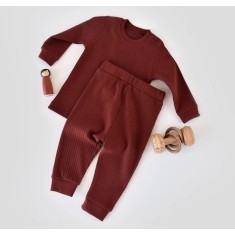 Set bluzita cu maneca lunga si pantaloni lungi din bumbac organic si 5% elastan - Caramiziu BabyCosy (Marime: 6-9 luni)