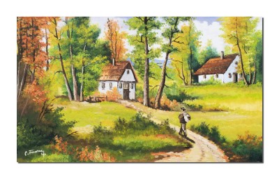 Tablou peisaj pictat manual, Amintiri din copilarie, la bunici, 100x60cm in ulei pe panza, Constantin Feraru foto