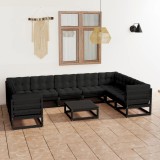 VidaXL Set mobilier grădină cu perne, 10 piese, negru, lemn masiv pin 3078148
