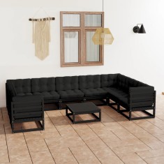 vidaXL Set mobilier grădină cu perne, 10 piese, negru, lemn masiv pin 3078148