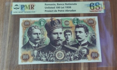 REPRODUCERE pe hartie cu filigran si fire UV proiect bancnota 100 Lei 1930 nr.176 foto