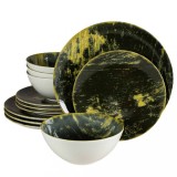 Set farfurii 12 piese, 4 persoane, Forest, Alb Ivoire cu verde, lucios