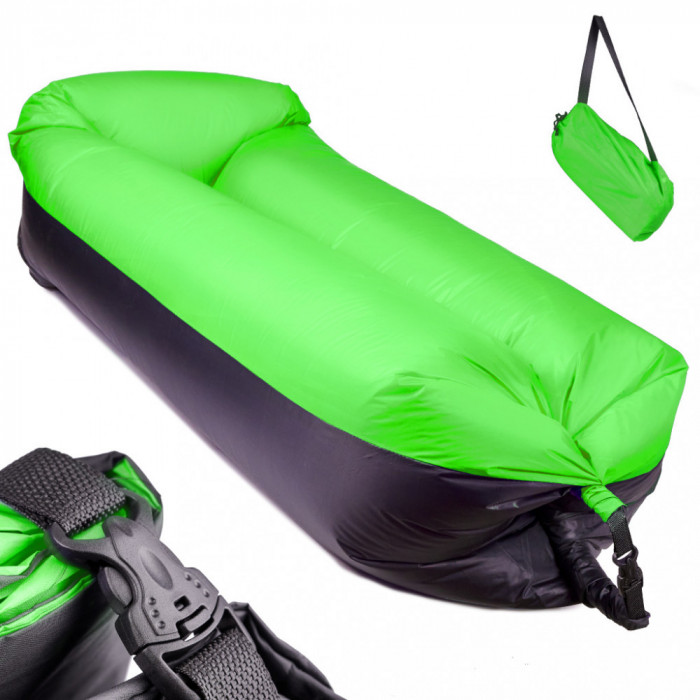 Saltea Autogonflabila &quot;Lazy Bag&quot; tip sezlong, 185 x 70cm, culoare Negru-Verde, pentru camping, plaja sau piscina FAVLine Selection