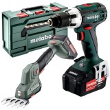 Metabo BS 18 L + SGS 18 LTX Q - Masina de gaurit si insurubat cu 2 acumulatori Li-Ion 18 V 2 Ah 50 Nm + Masina de tuns gard viu 20 cm valiza speciala