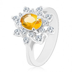 Inel de culoare argintie, floare strălucitoare din zirconii de culori galben și transparent - Marime inel: 57
