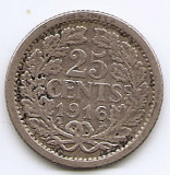 Olanda 25 Cents 1916 - Wilhelmina, Argint 3.575g/640, 19 mm KM-146