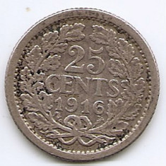 Olanda 25 Cents 1916 - Wilhelmina, Argint 3.575g/640, 19 mm KM-146