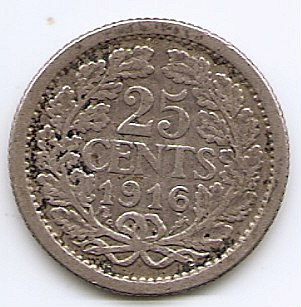 Olanda 25 Cents 1916 - Wilhelmina, Argint 3.575g/640, 19 mm KM-146 foto
