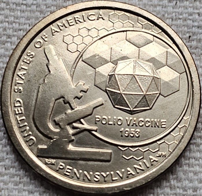 1 Dollar 2019 USA, Pennsylvania, Polio Vaccine, Innovation, unc, lit.D