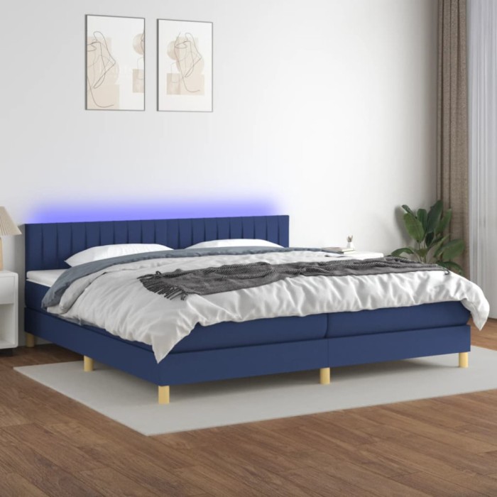 vidaXL Pat cu arcuri, saltea și LED, albastru, 200x200 cm, textil 3133907