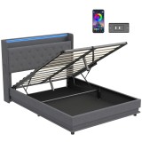 HOMCOM Pat cu depozitare 140x190cm iluminare LED și stație de &icirc;ncărcare cadru pat dublu tapițat in depozitare hidraulică gri | Aosom Romania