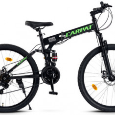 Bicicleta Pliabila MTB-Folding CARPAT C2668C, Schimbator Saiguan 21 Viteze, Cadru Aluminiu, Roti 26inch, Frane pe Disc (Negru/Verde)