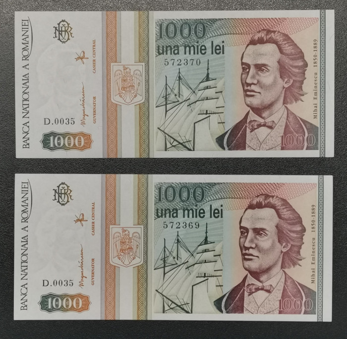 Rom&acirc;nia 1000 Lei 1993 consecutive serie cu punct UNC