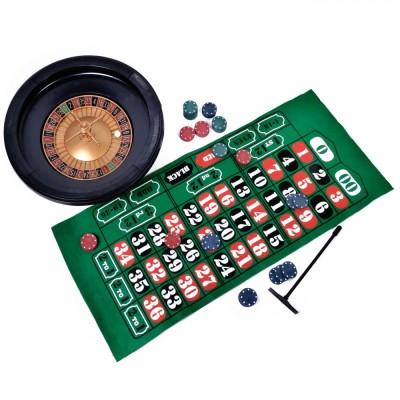 Set Joc de Noroc, Ruletă și Blackjack, 40 cm, Covoraș 2 Fețe, 1 Pachet Cărți, 3 Zaruri și 90 Jetoane foto