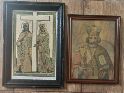 Litografii 2 icoane vechi Sf Nicolae si Sfinții &amp;Icirc;mpărați Constantin și Elena foto