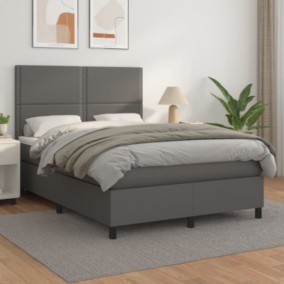 vidaXL Pat box spring cu saltea, gri, 140x190 cm, piele ecologică 3142783 foto