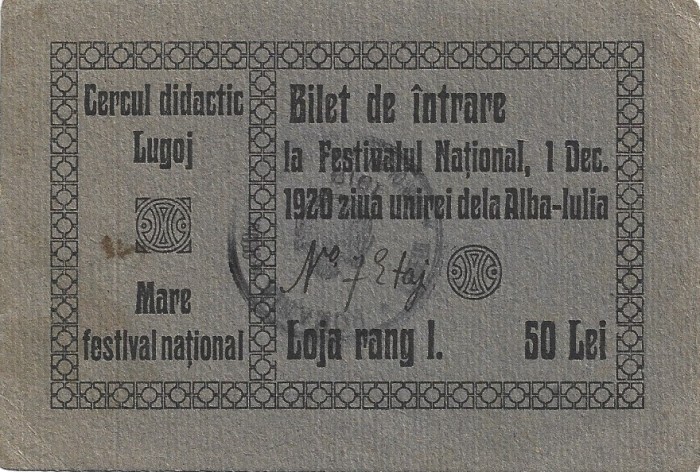 A3044N Bilet de intrare la Festivalul Național, 1 Decembrie 1920 ziua unirei dela Alba Iulia, Mare festival național, Loja rang I