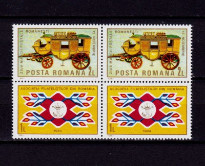 ✅RO 1984 LP 1114a &amp;quot;Ziua marcii postale romanesti cu vigneta&amp;quot; , serie pereche+viniete ( bloc 2x2 ) , MNH foto