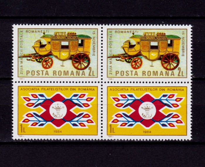 ✅RO 1984 LP 1114a &quot;Ziua marcii postale romanesti cu vigneta&quot; , serie pereche+viniete ( bloc 2x2 ) , MNH