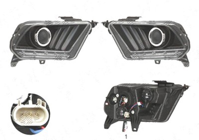 Far Ford Mustang, 02.2009-01.2015, fata, Stanga+Dreapta, doar tip halogen, semnalizare dinamica; cu LED indicator; H1; manual; negru, transparent; tu foto
