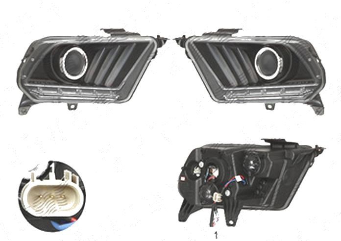 Far Ford Mustang, 02.2009-01.2015, fata, Stanga+Dreapta, doar tip halogen, semnalizare dinamica; cu LED indicator; H1; manual; negru, transparent; tu