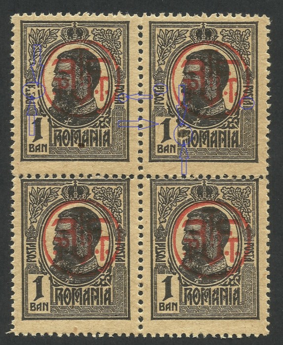 EROARE FILATELICA Romania -1918 Carol I Block x4 SUPRATIPAR MNH - Vezi imagini