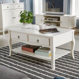 Masuta cafea 100x60x49 cm, picioare lemn pin alb, MDF, 2 sertare, raft depozitare