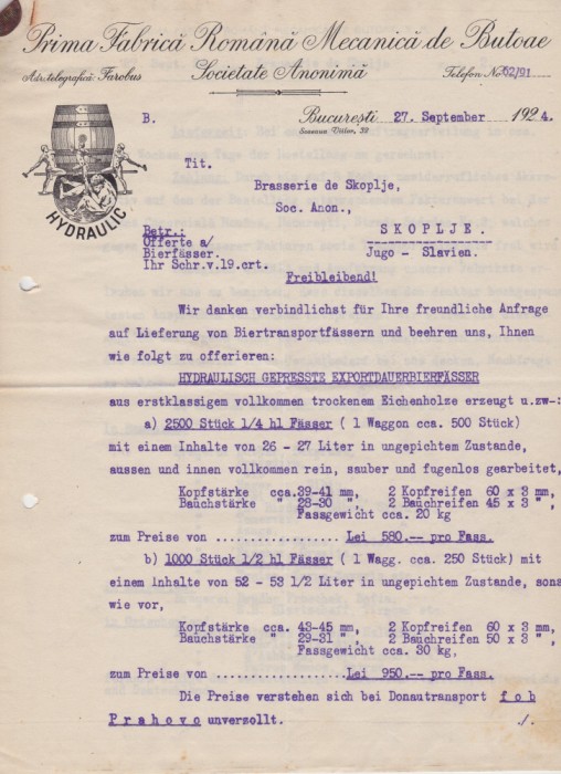 Prima fabrica romana mecanica de butoae butoaie scrisoare Bucuresti 1924 Skopje