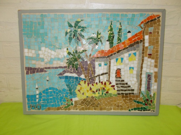 Peisaj mediteranean - superb tablou MOZAIC handmade , decoratiune de perete , semnat