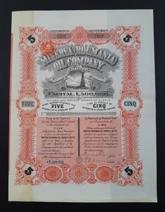 Actiune 1926 petrol soc. MINERVA Oil company Romania , titlu , actiuni