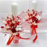 Set lumanari personalizabile, alb-rosu, pentru nunta sau botez cu aranjament frontal cu trandafir criogenat si plante naturale uscate, 40 cm, Eventissimi&reg;