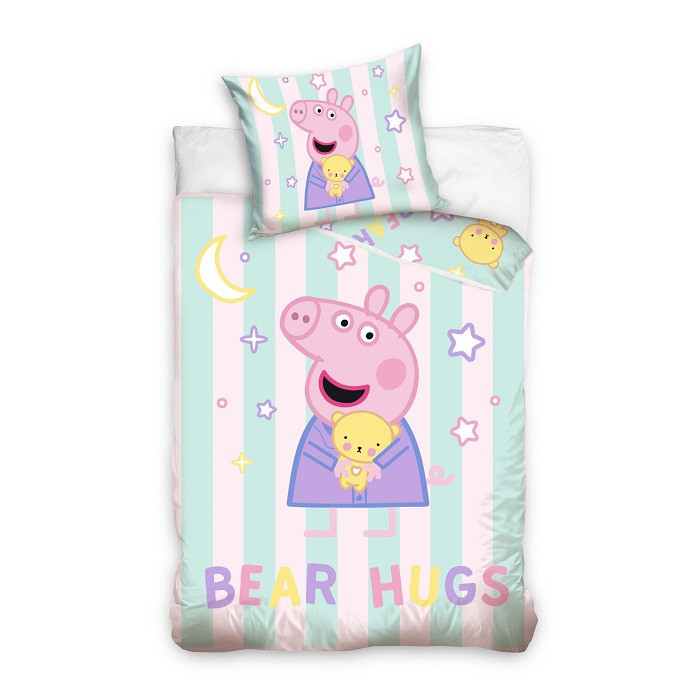 Lenjerie de pat pentru copii, Metru Patrat, bumbac 100% natural, Peppa Pig, compus din husa pilota 100x135 si o fata de perna 40x60