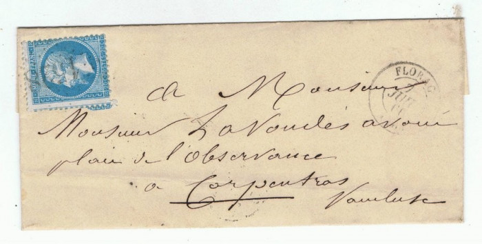 France 1869 Postal History Rare Cover FLORAC LOZERE to CARPENTRAS D.705
